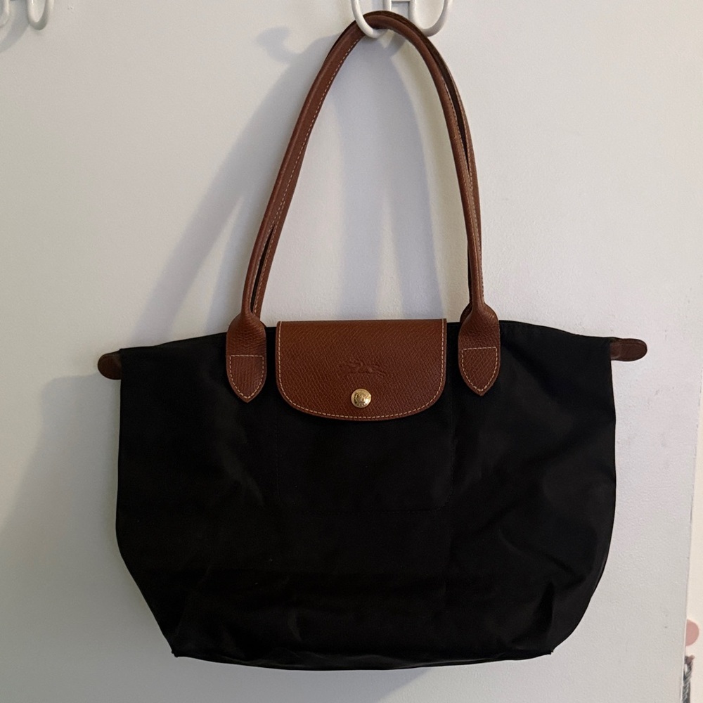 Longchamp Black Tote with Brown Leather Trim